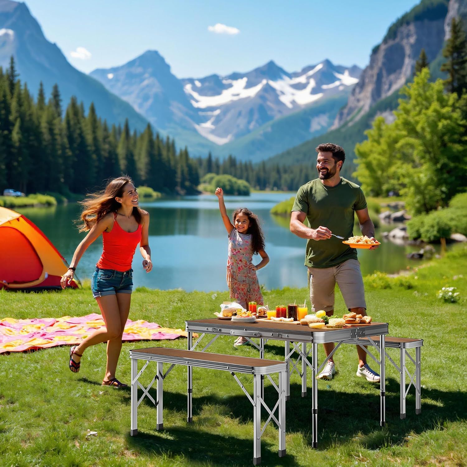 Foldable Camping Table with 2 Benches Aluminium