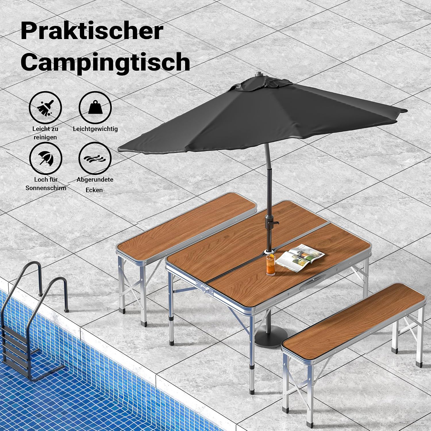 Foldable Camping Table with 2 Benches Aluminium