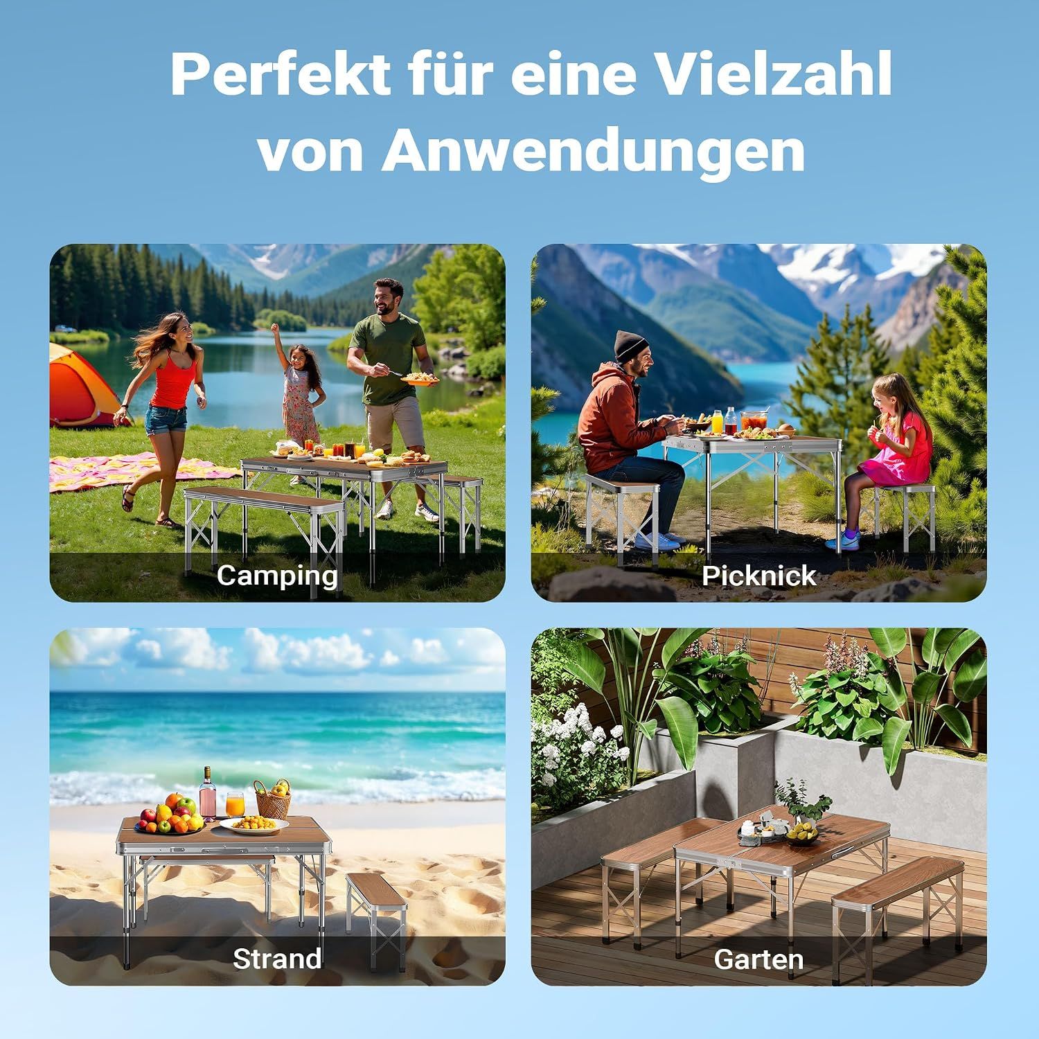 Foldable Camping Table with 2 Benches Aluminium