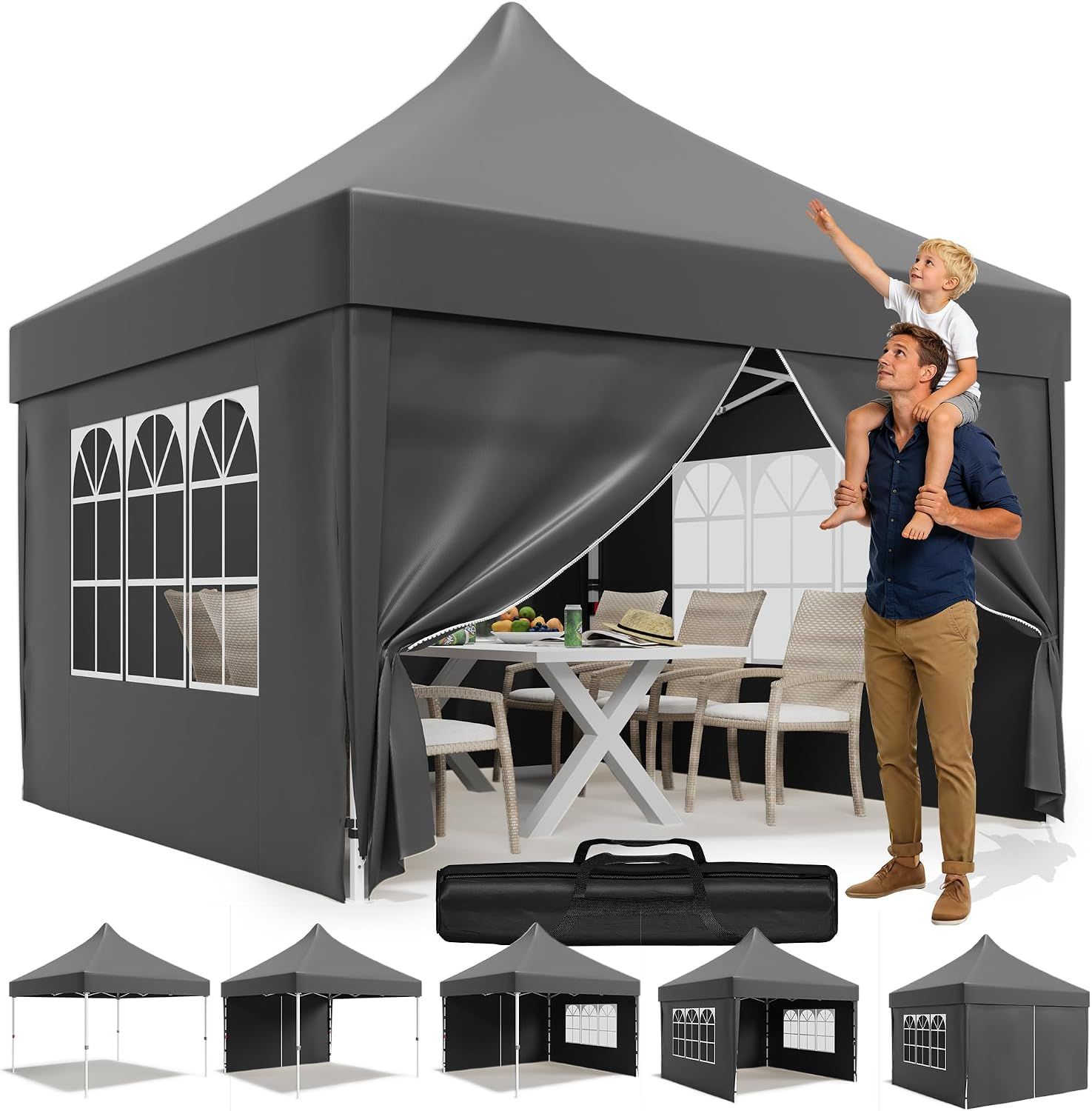 Steel Frame 3 x 3 m Folding gazebo with 4 sandbags, Side walls &amp; Carry bag