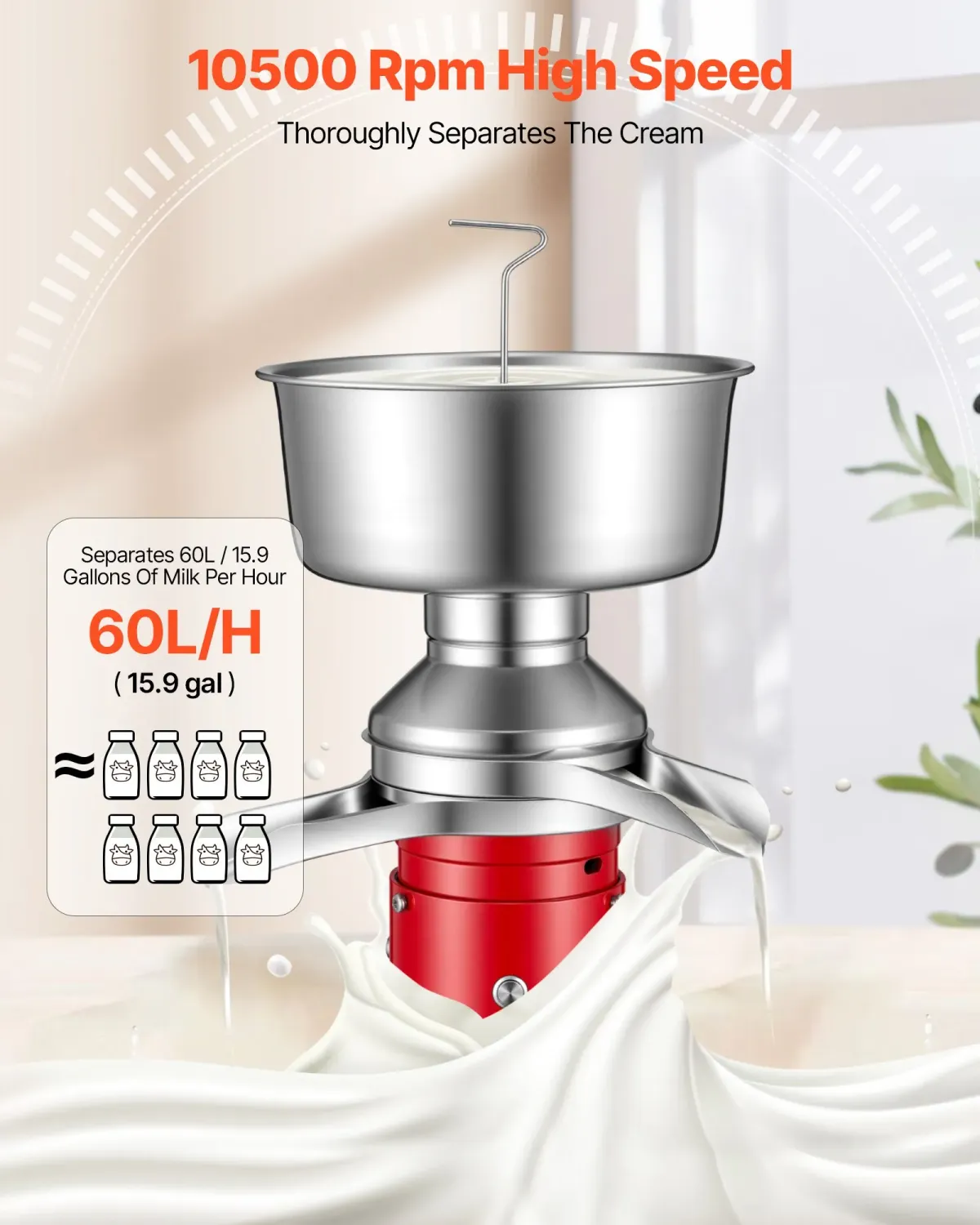 Electric Milk Cream Separator Machine 60L/H 10500RPM Stainless Steel Milk Skimmer 4.5L Bowl