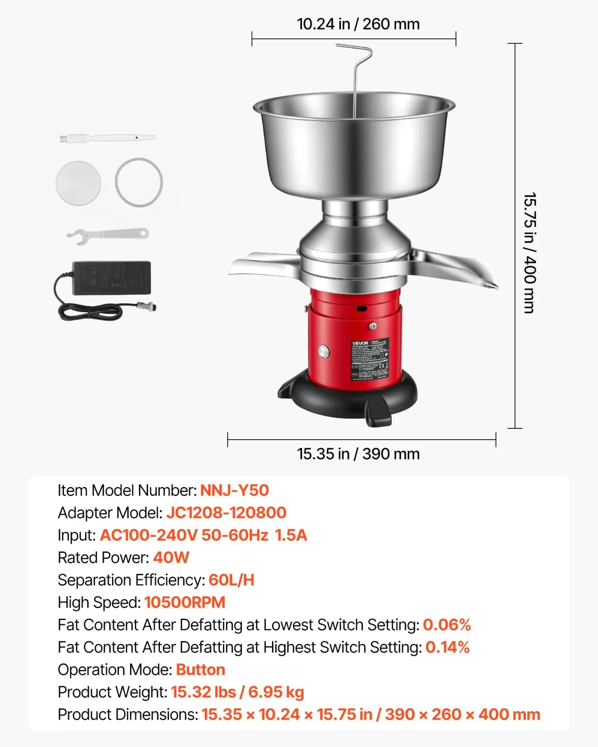 Electric Milk Cream Separator Machine 60L/H 10500RPM Stainless Steel Milk Skimmer 4.5L Bowl