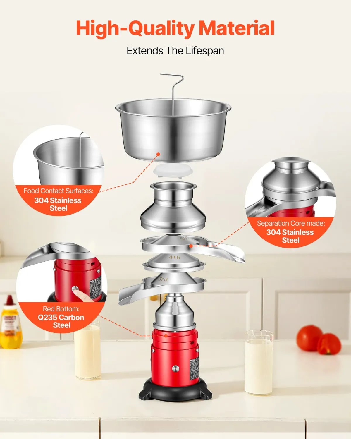 Electric Milk Cream Separator Machine 60L/H 10500RPM Stainless Steel Milk Skimmer 4.5L Bowl