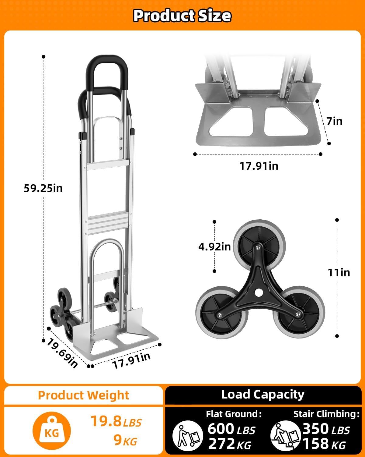 2-in-1 Aluminium Stair Climbing Trolley – 600lbs Heavy Duty 6-Wheel Hand Truck