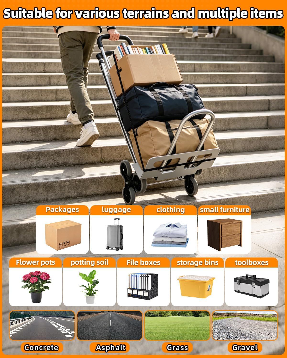 2-in-1 Aluminium Stair Climbing Trolley – 600lbs Heavy Duty 6-Wheel Hand Truck
