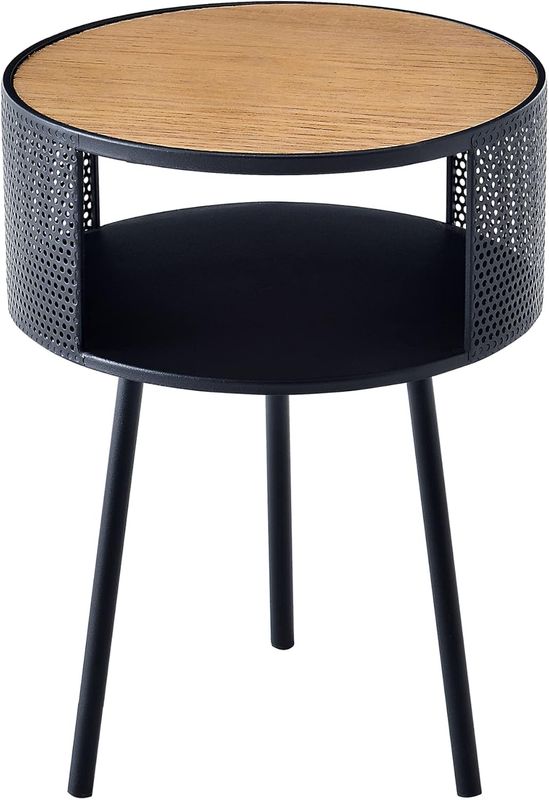 Round Side Table 34cm with Open Shelf, Black Metal Frame