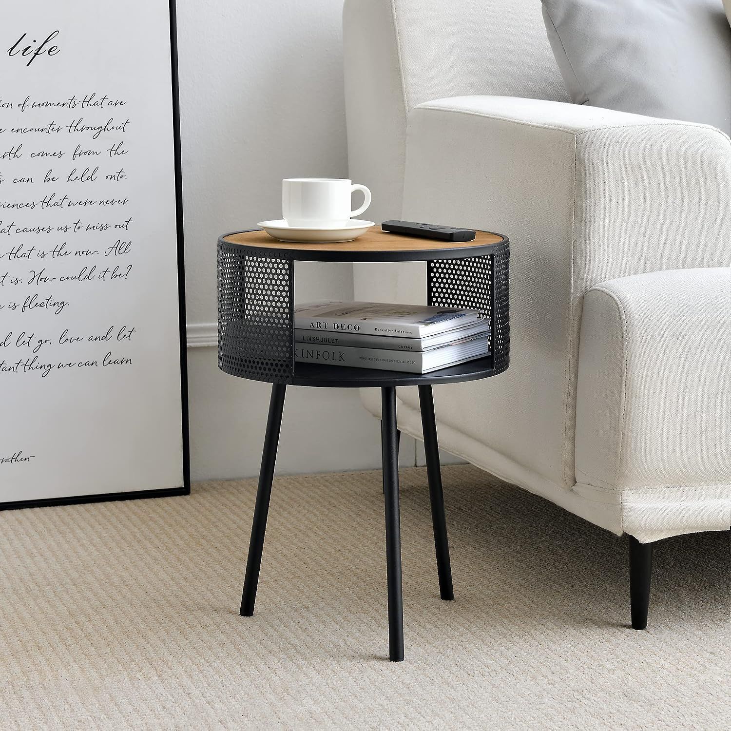 Round Side Table 34cm with Open Shelf, Black Metal Frame