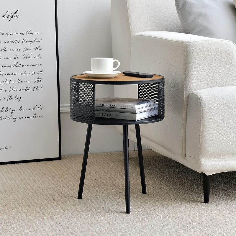 Round Side Table 34cm with Open Shelf, Black Metal Frame