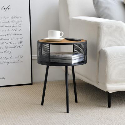 Round Side Table 34cm with Open Shelf, Black Metal Frame