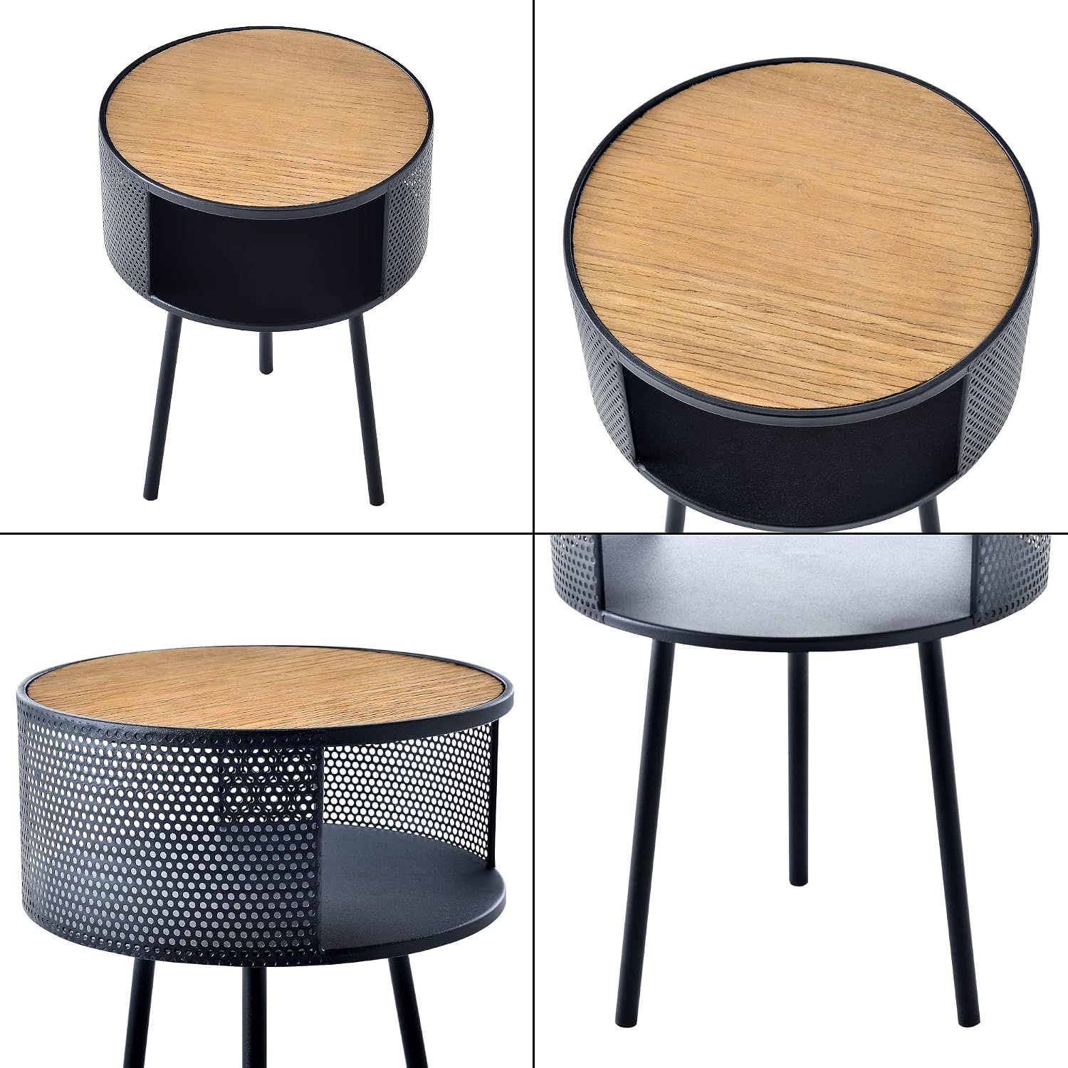 Round Side Table 34cm with Open Shelf, Black Metal Frame