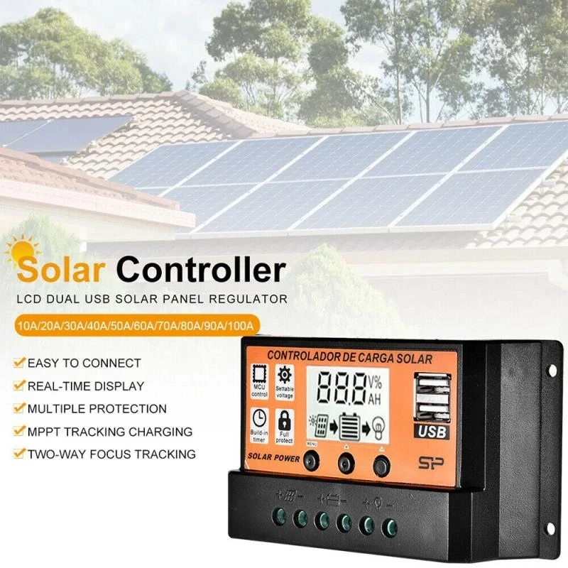 12V &amp; 24V Solar Charge Controllers – 10-100A Auto Battery Charger with Two USB Ports for Efficient Charging