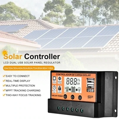 12V &amp; 24V Solar Charge Controllers – 10-100A Auto Battery Charger with Two USB Ports for Efficient Charging