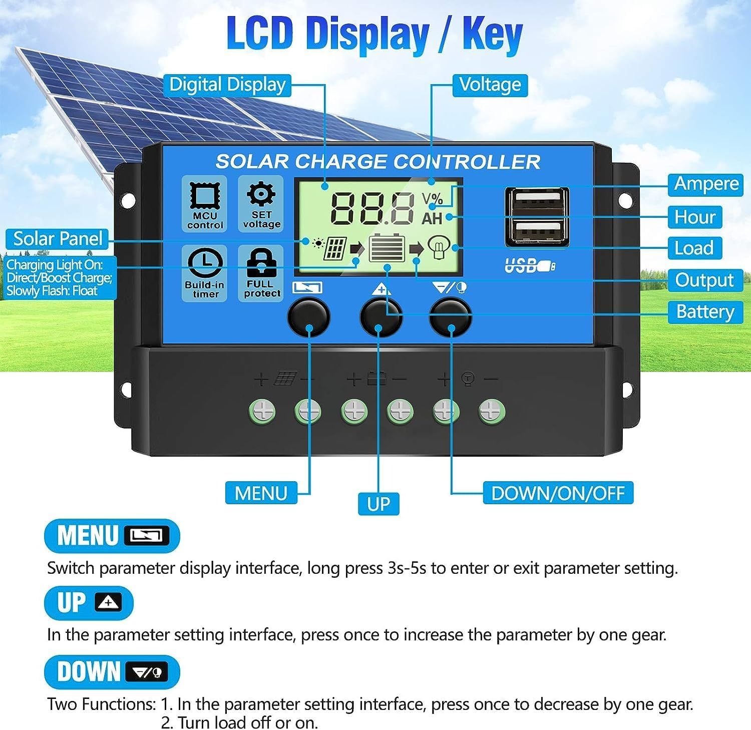 12V/24V Automatic Regulator with LCD Display &amp; Dual USB Ports