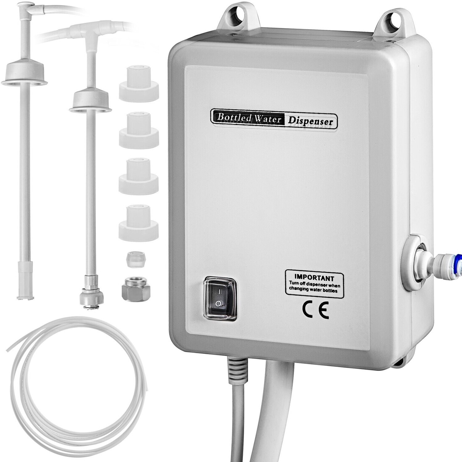 Automatic Electric Water Pump System for Bottled Water Dispensers — 5 Gallon Compatible, Single Inlet Jug Pump, Works with Coffee &amp; Tea Machines — Bucket Not Included, Outlet Pipe Position:: Double Inlet Pipe [Lower Outlet Pipe]