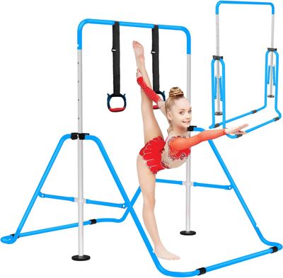 Kids Adjustable Gymnastics Bar with Rings – Foldable Home Training Bar