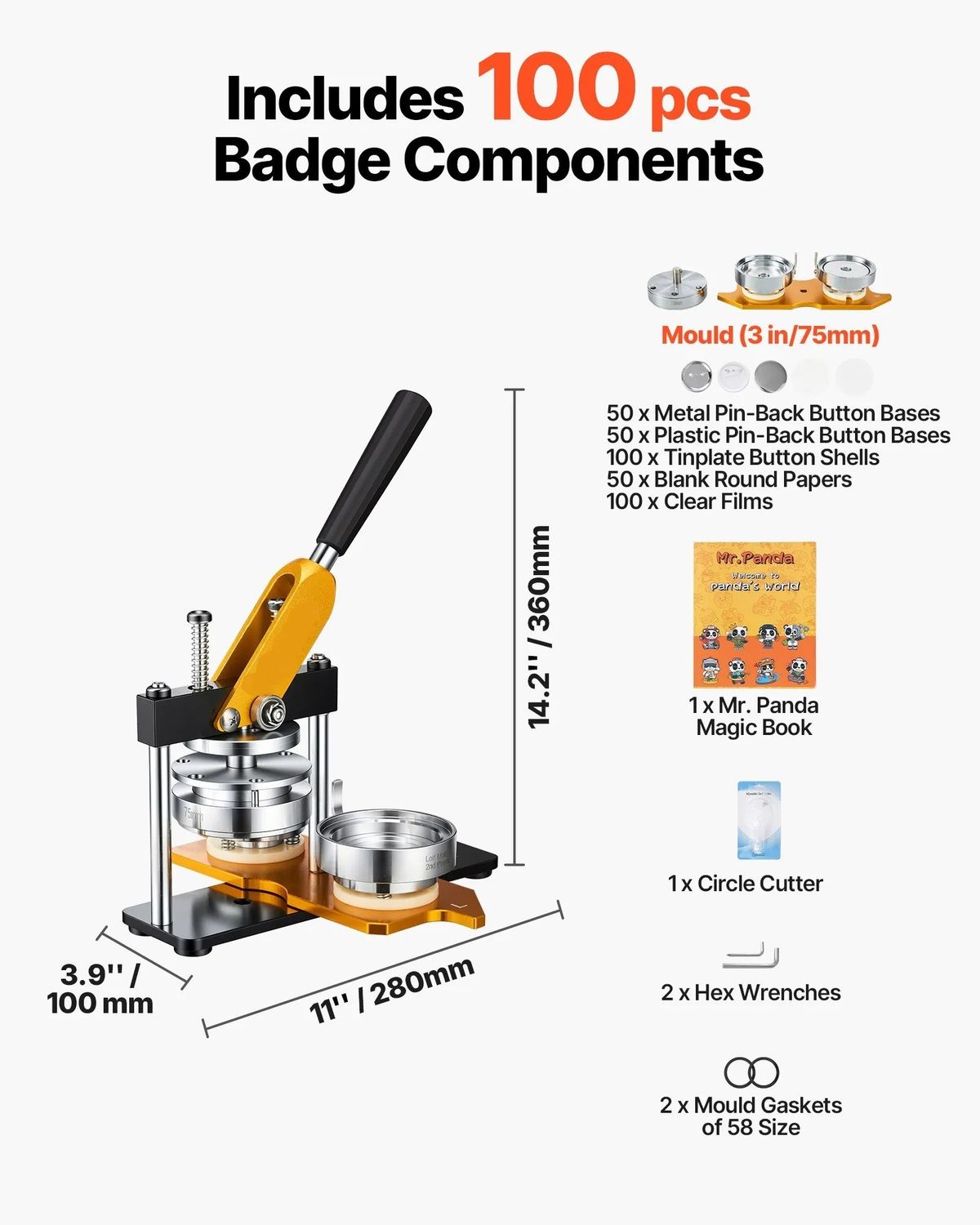 Button Maker Machine 75mm 3 Inch Badge Press Kit with 500 Button Parts