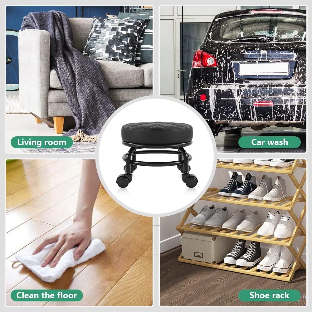 Small Swivel 360° Rolling Garage Stool – Compact Mobile Seat with Faux Leather Cushion