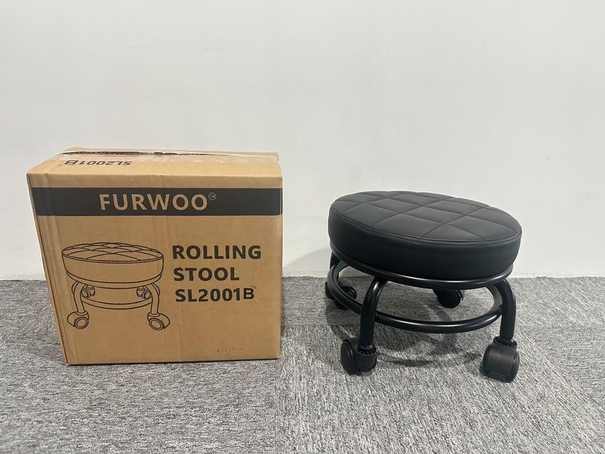 Small Swivel 360° Rolling Garage Stool – Compact Mobile Seat with Faux Leather Cushion