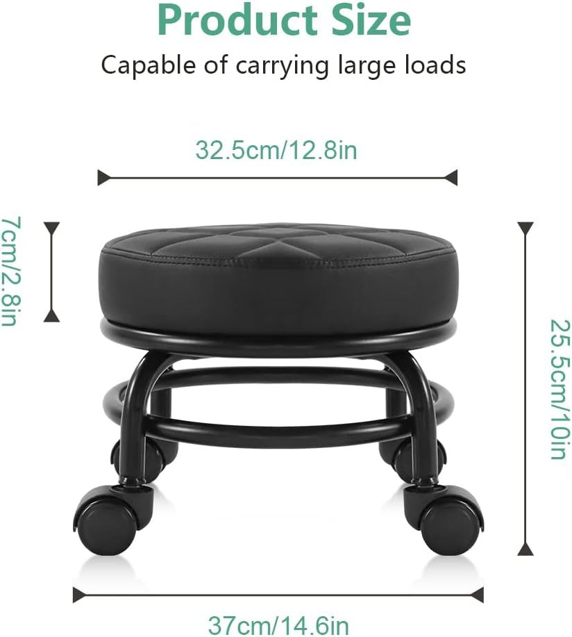 Small Swivel 360° Rolling Garage Stool – Compact Mobile Seat with Faux Leather Cushion