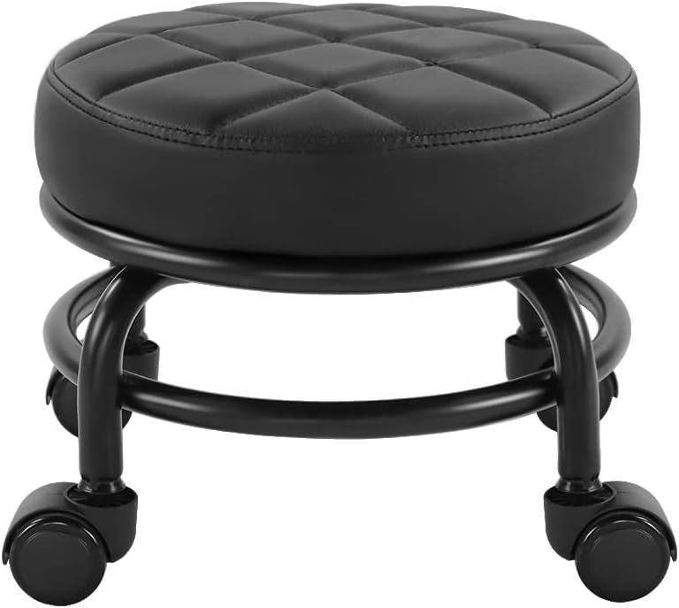 Small Swivel 360° Rolling Garage Stool – Compact Mobile Seat with Faux Leather Cushion
