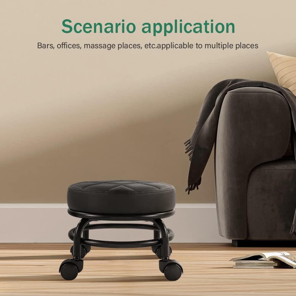 Small Swivel 360° Rolling Garage Stool – Compact Mobile Seat with Faux Leather Cushion