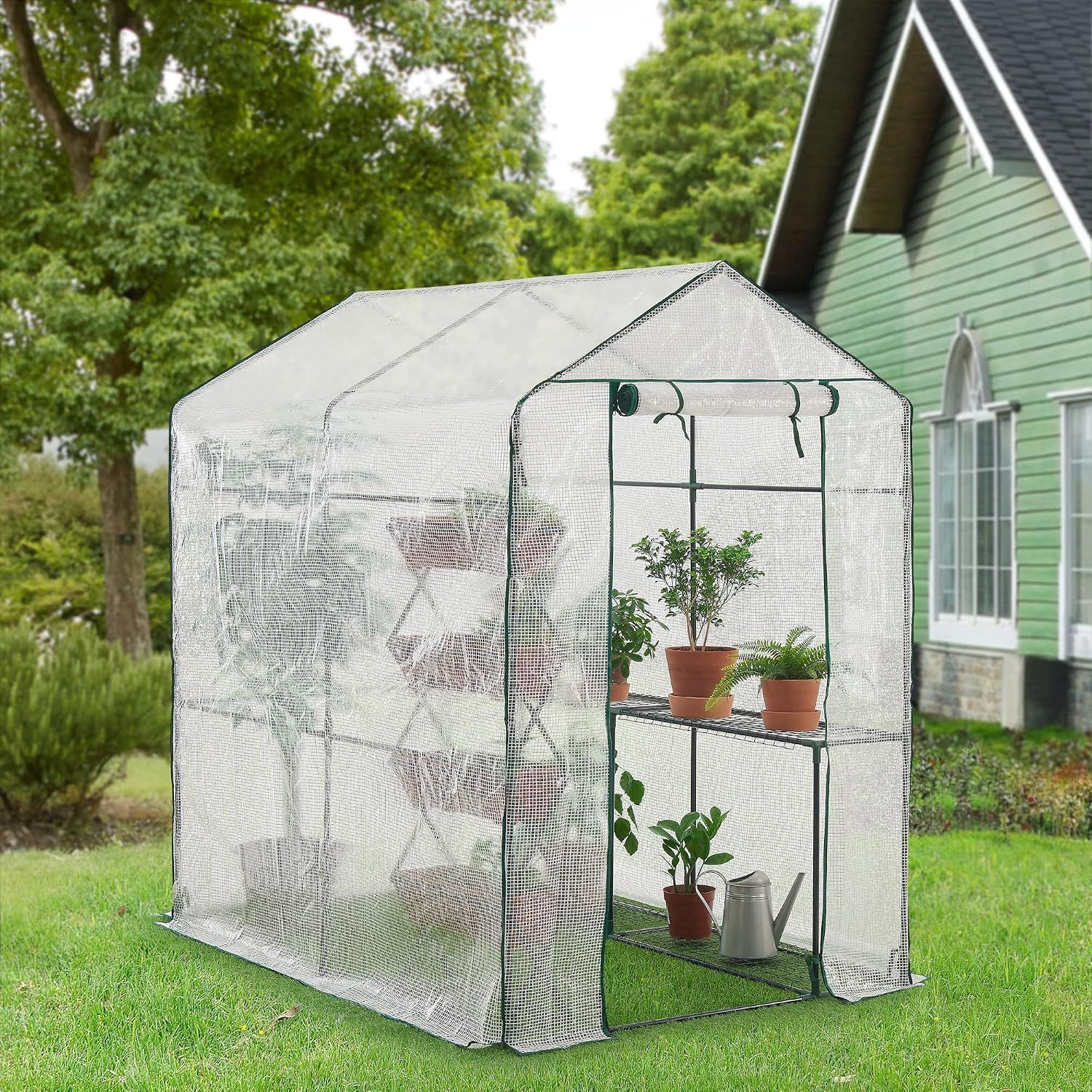 120x186x190cm Walk-In Greenhouse with Shelves PE Cover