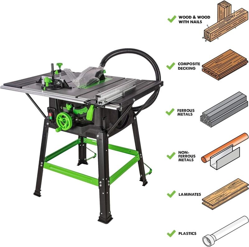 1500W Table Saw with 255mm TCT Blade – Silver/Green, 230V