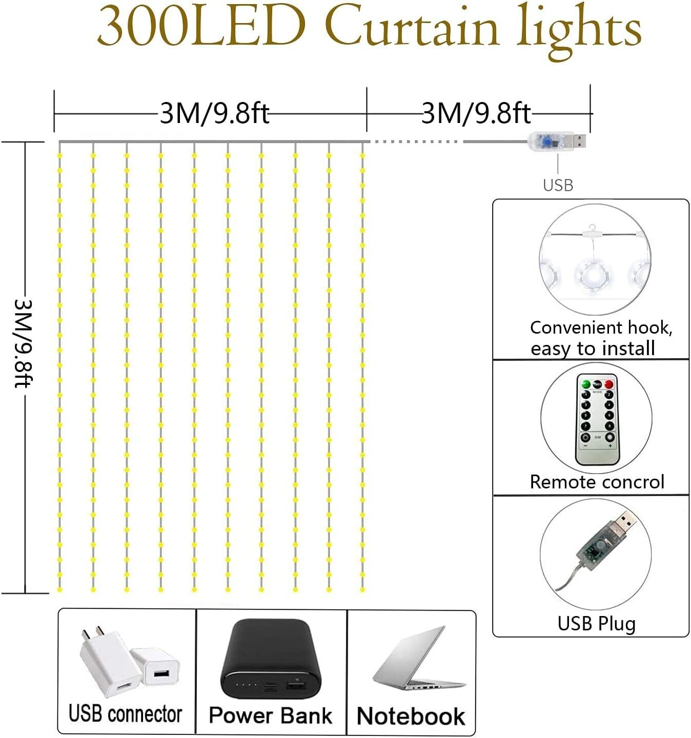 USB Curtain 300 LEDs Lights 8 Modes with Remote Controlled Timer