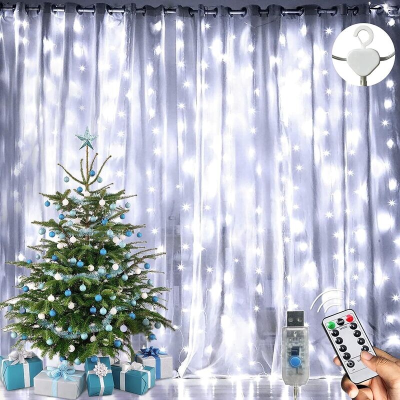 USB Curtain 300 LEDs Lights 8 Modes with Remote Controlled Timer