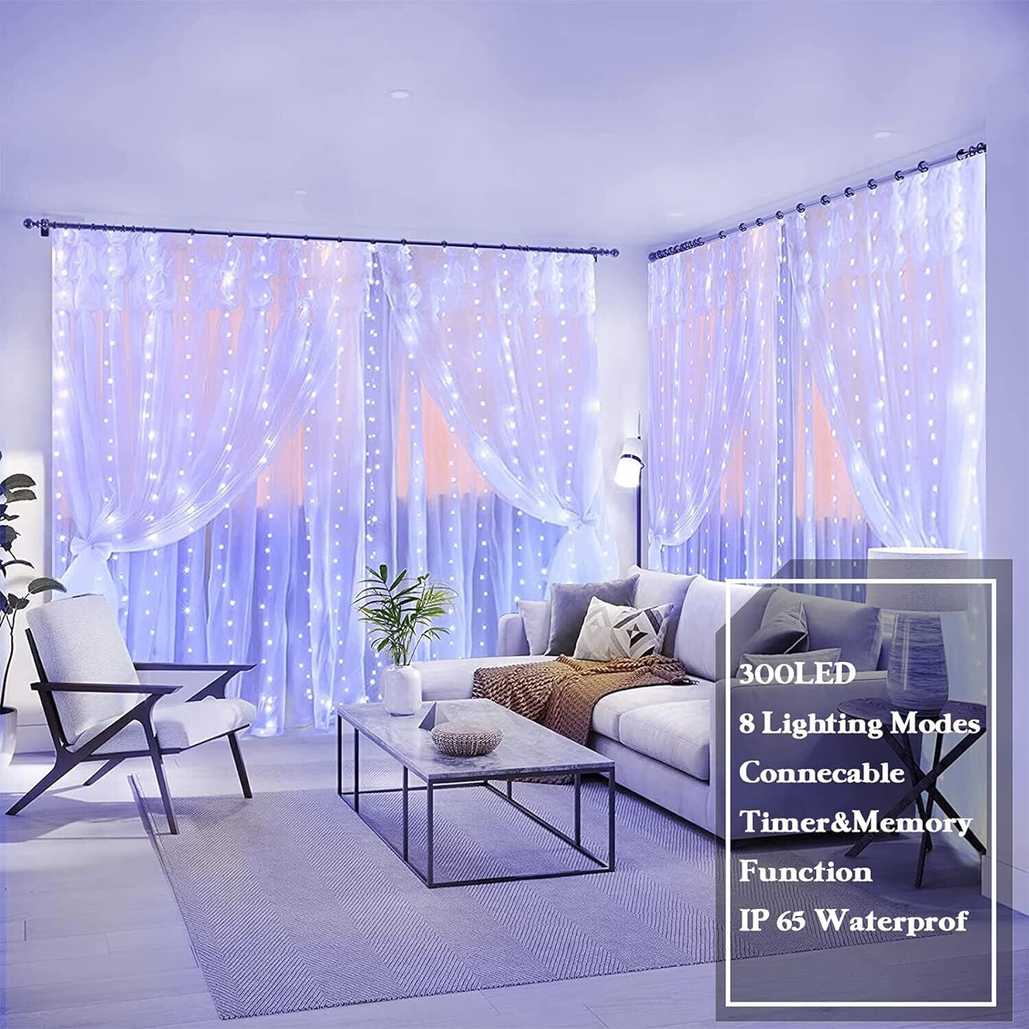 USB Curtain 300 LEDs Lights 8 Modes with Remote Controlled Timer