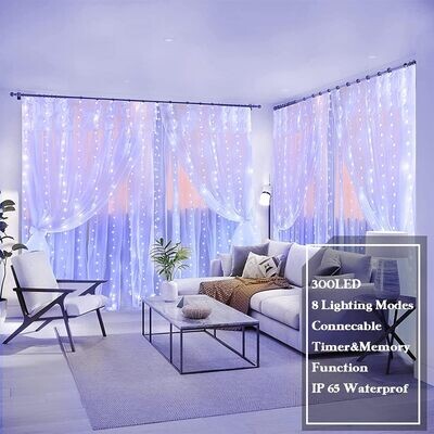 USB Curtain 300 LEDs Lights 8 Modes with Remote Controlled Timer