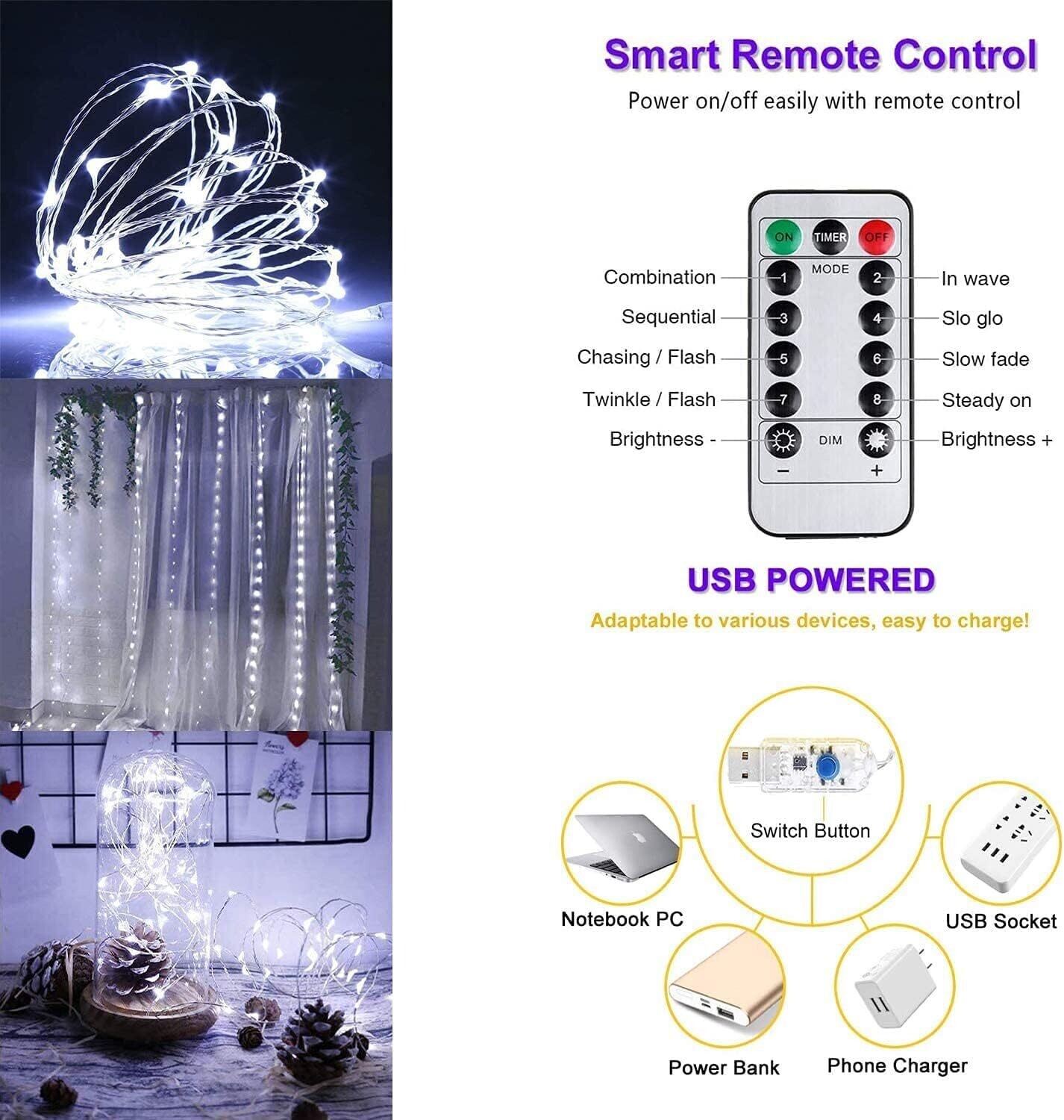 USB Curtain 300 LEDs Lights 8 Modes with Remote Controlled Timer
