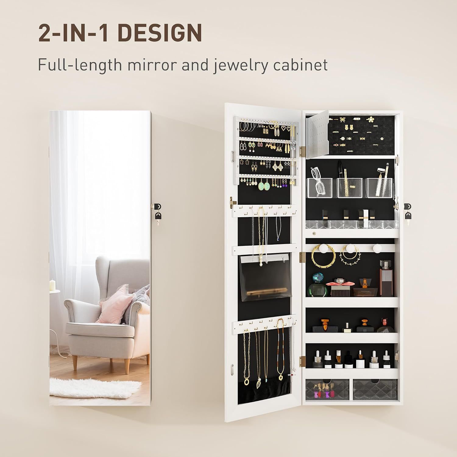 Wall Mounted Jewellery Cabinet with Frameless Mirror