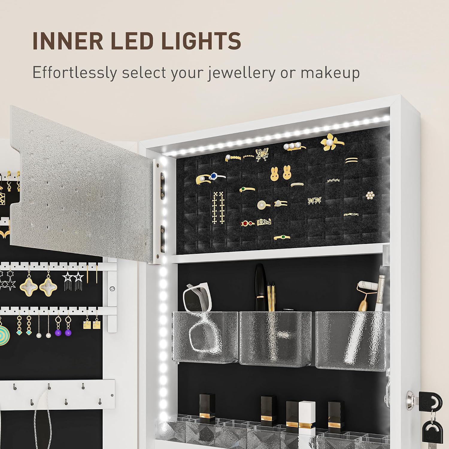 Wall Mounted Jewellery Cabinet with Frameless Mirror