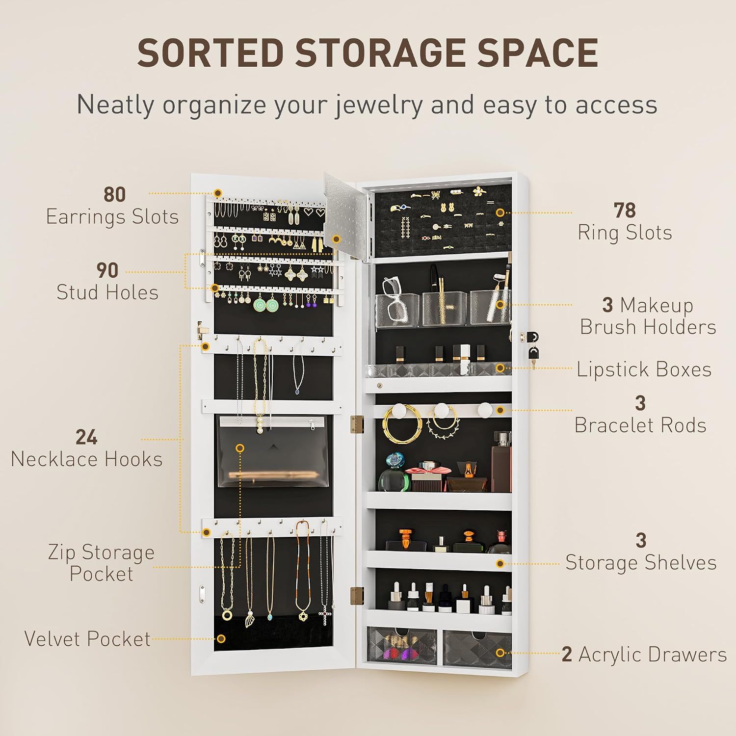 Wall Mounted Jewellery Cabinet with Frameless Mirror