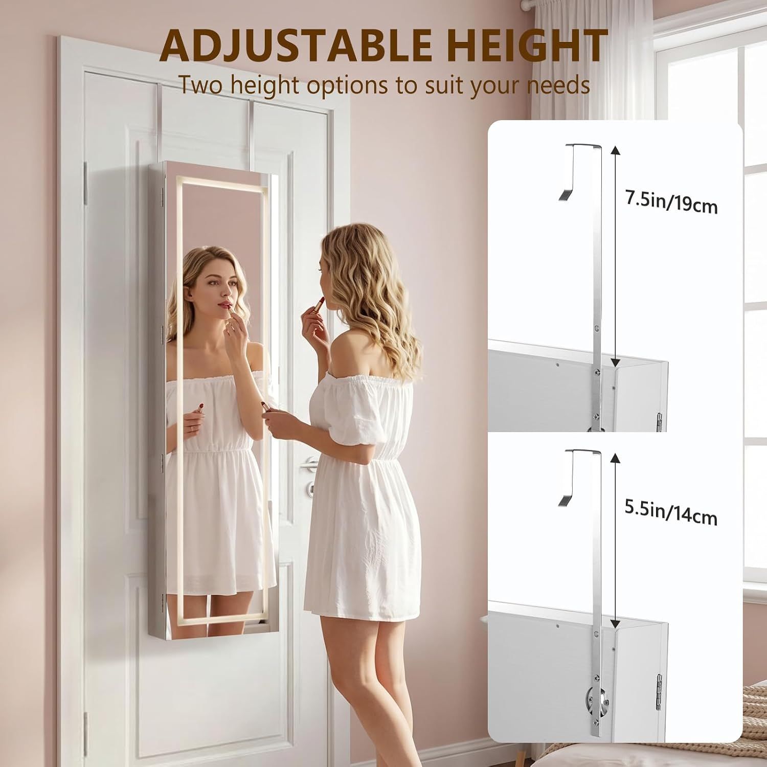 LED Full-Length Mirror Jewellery Cabinet, Lockable Organiser, White