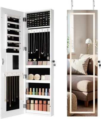 LED Full-Length Mirror Jewellery Cabinet, Lockable Organiser, White