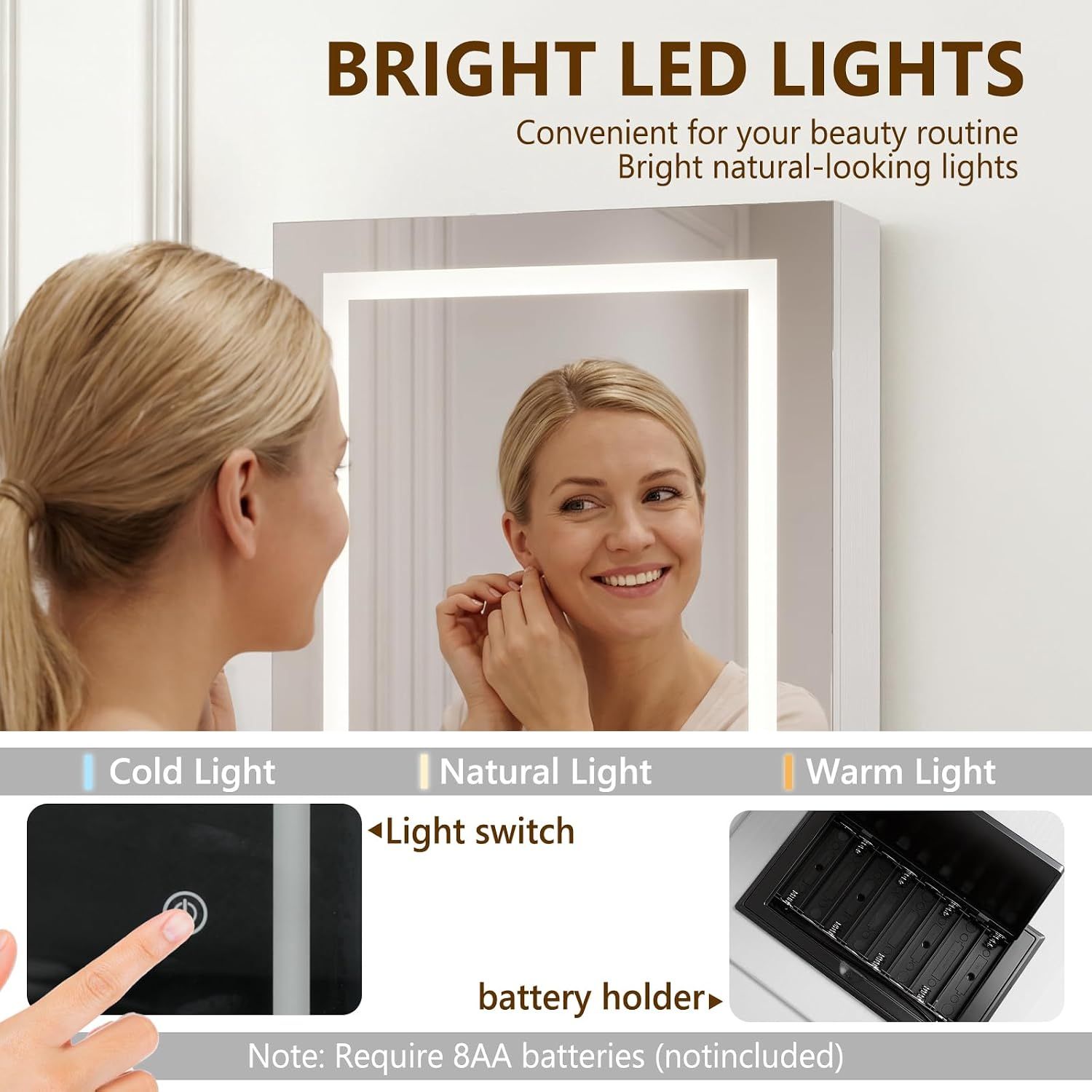 LED Full-Length Mirror Jewellery Cabinet, Lockable Organiser, White