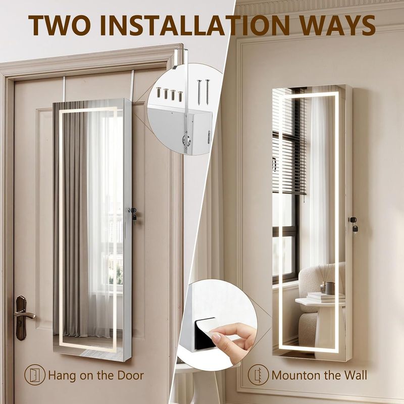 LED Full-Length Mirror Jewellery Cabinet, Lockable Organiser, White