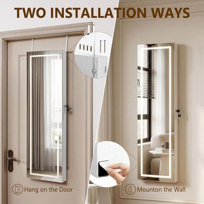 LED Full-Length Mirror Jewellery Cabinet, Lockable Organiser, White