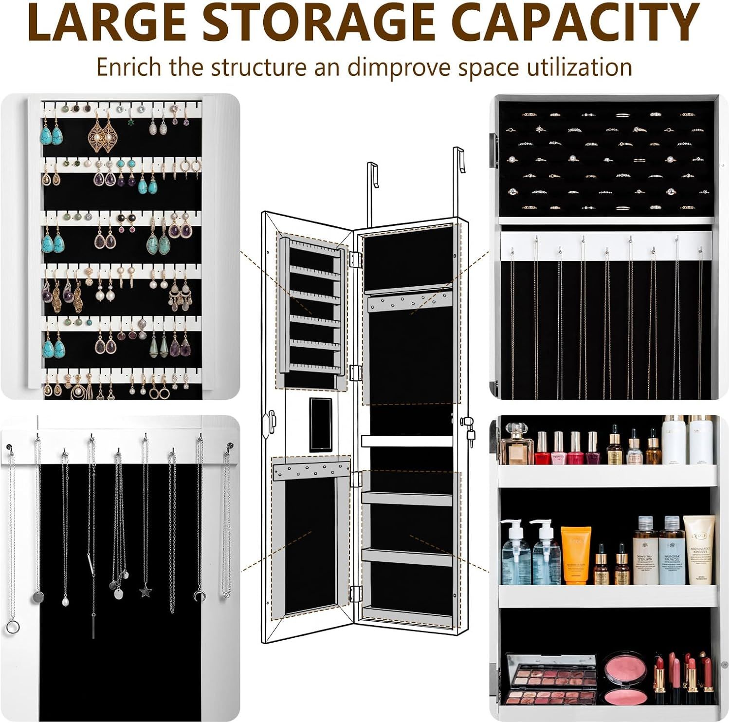 LED Full-Length Mirror Jewellery Cabinet, Lockable Organiser, White