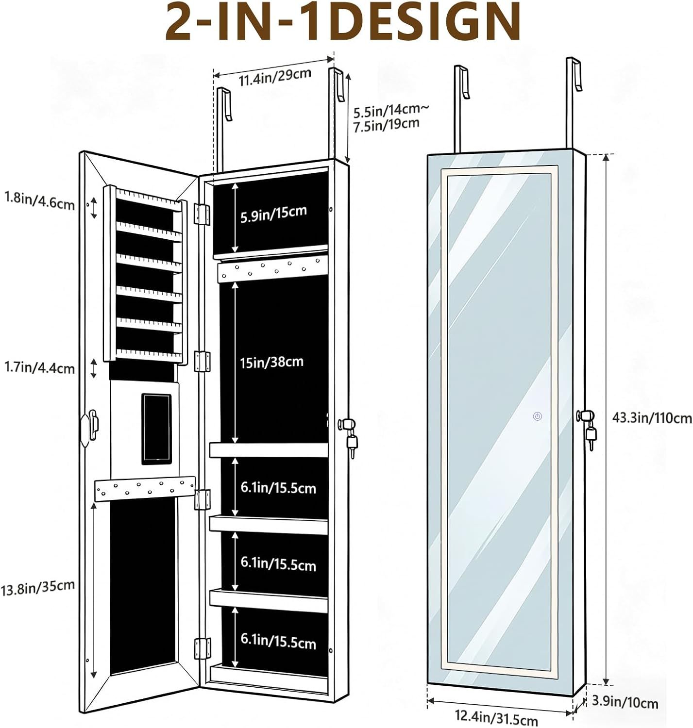 LED Full-Length Mirror Jewellery Cabinet, Lockable Organiser, White