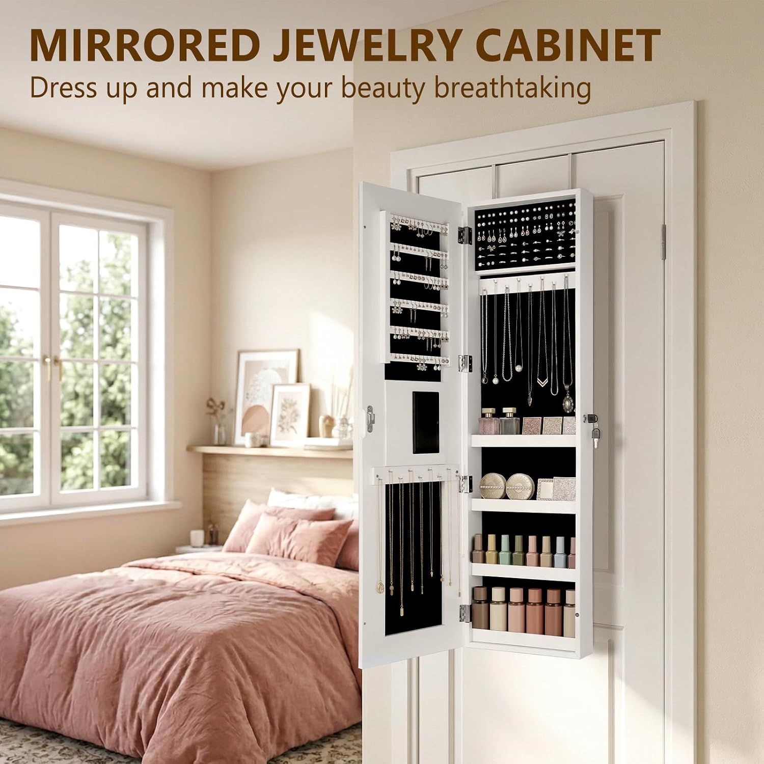 LED Full-Length Mirror Jewellery Cabinet, Lockable Organiser, White