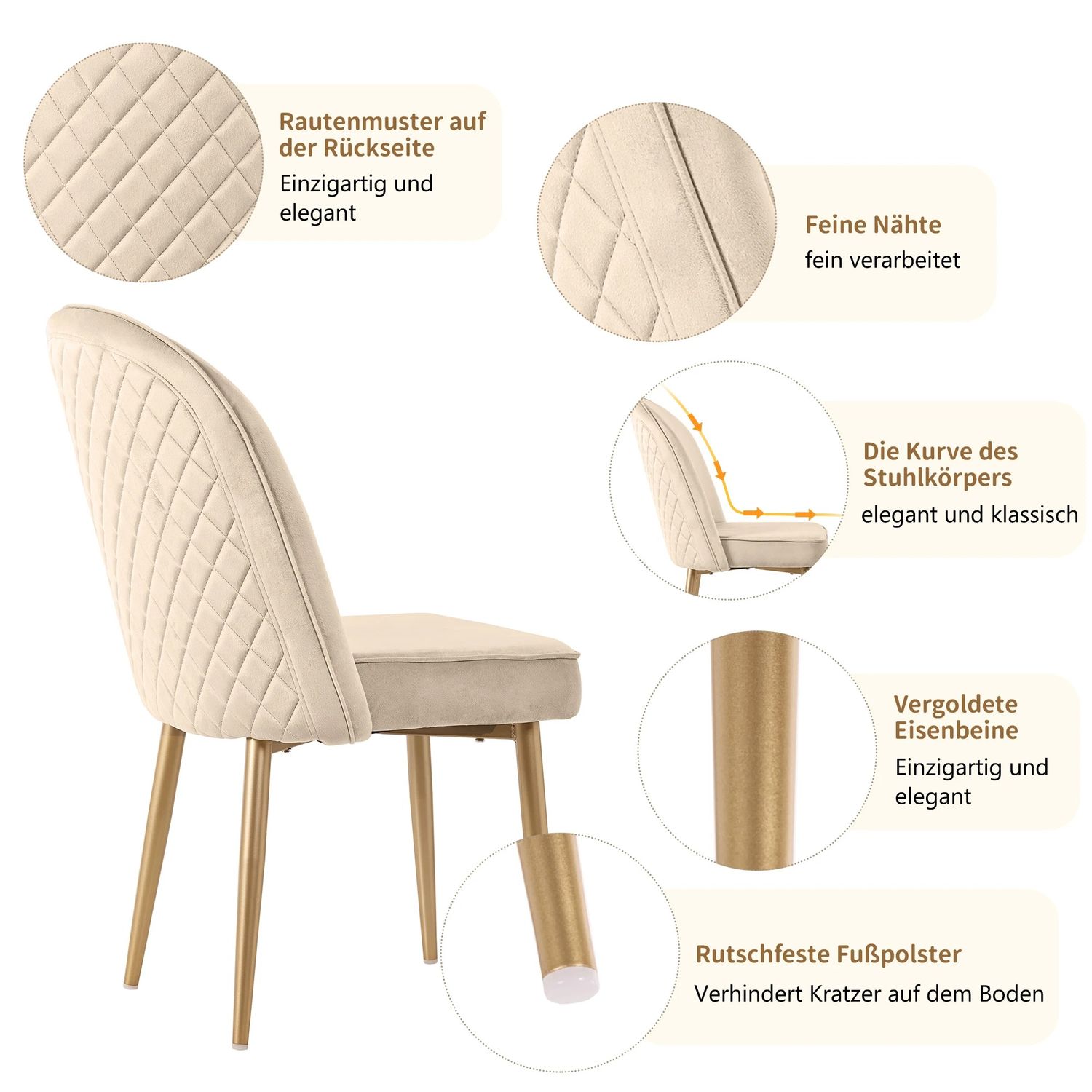 Set of 6 Luxury Velvet Dining Chair with Gold Metal Legs