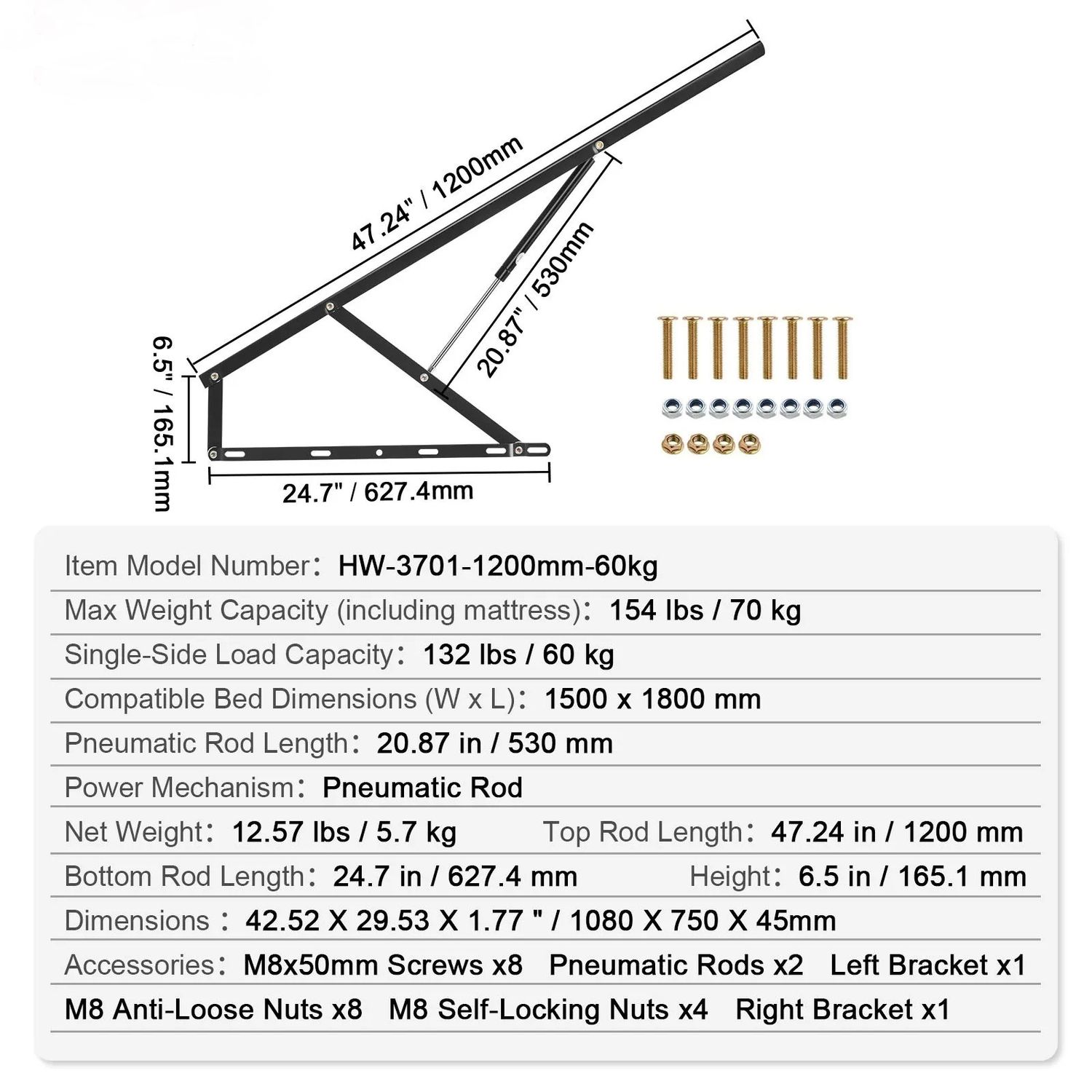 Murphy Bed Lift Mechanism Kit 59x71 Inch Heavy Duty Wall Bed Hardware