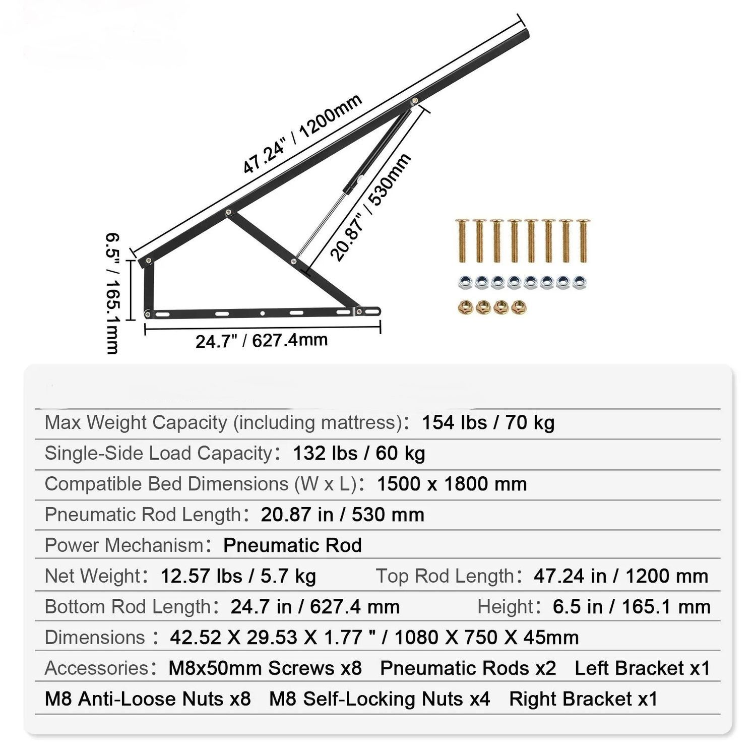 Murphy Bed Lift Mechanism Kit 59x71 Inch Heavy Duty Wall Bed Hardware