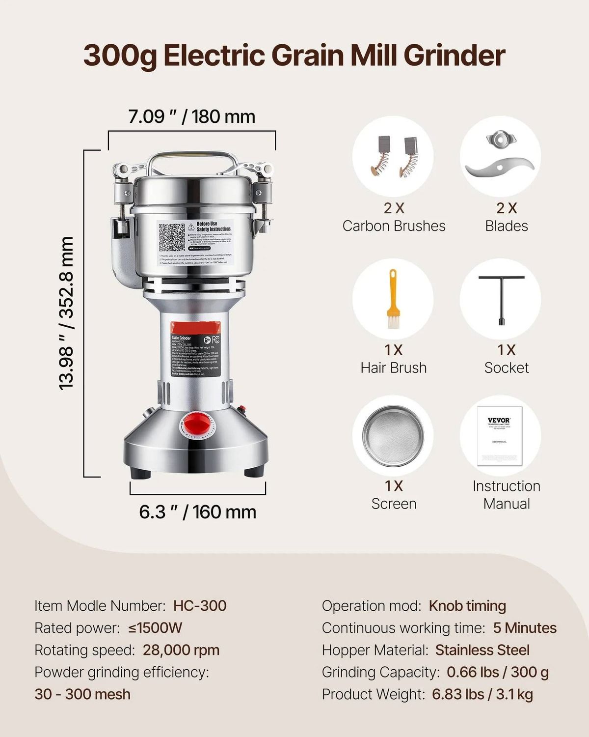 300g Electric Grain Mill Grinder 1500W Stainless Steel Powder Machine