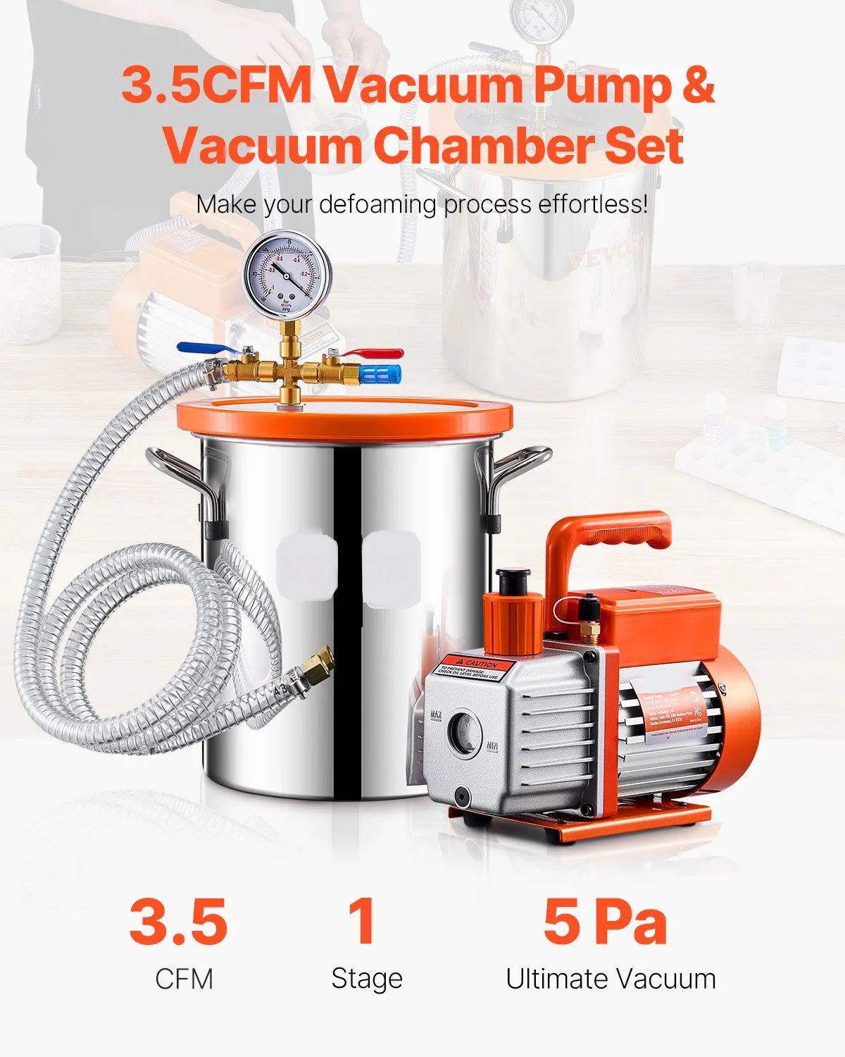 Single-Stage Vacuum Pump &amp; 3-Gallon Degassing Chamber Kit – 5 Pa Vacuum, VP125