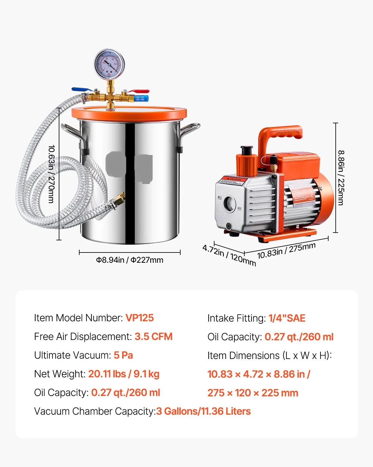 Single-Stage Vacuum Pump &amp; 3-Gallon Degassing Chamber Kit – 5 Pa Vacuum, VP125
