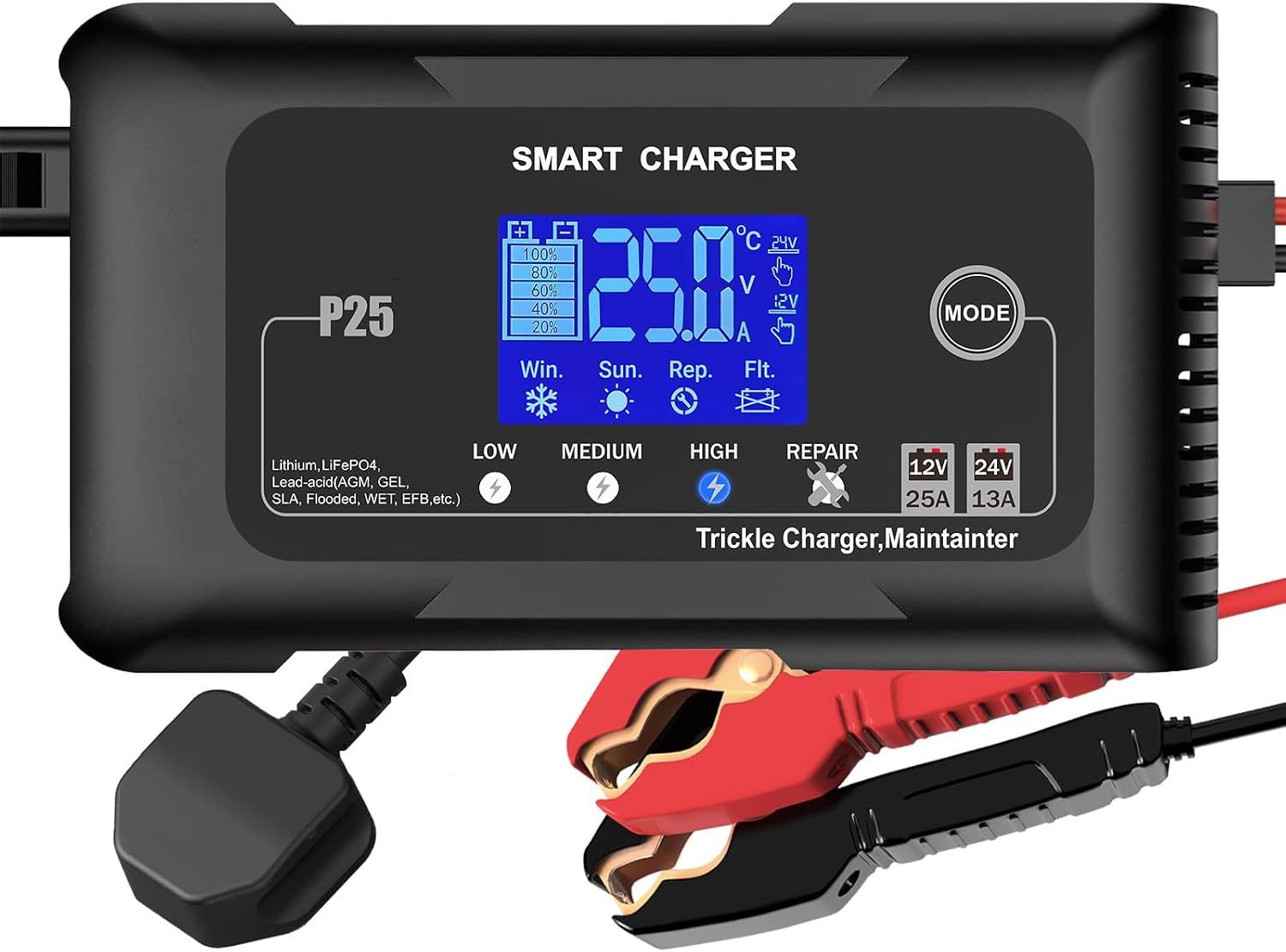 25A Car Battery Charger 12V 24V LiFePO4 Lead Acid Battery Maintainer with LCD